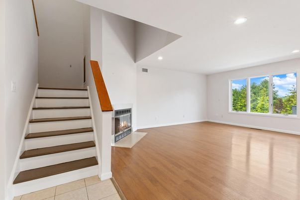 Empty room, Fireplace, Interior, Recessed Lighting, Wood Texture Flooring