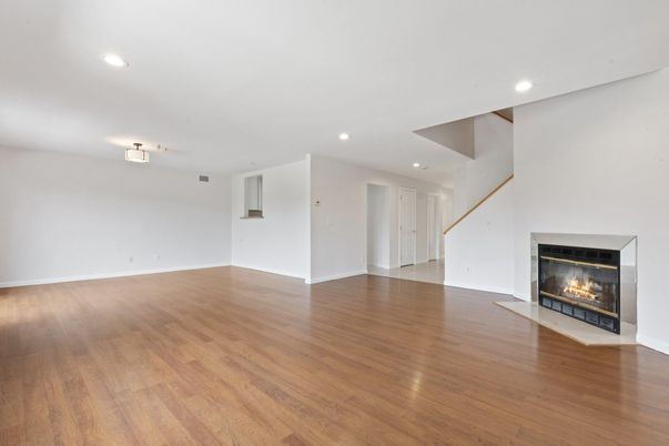 Empty room, Fireplace, Interior, Recessed Lighting, Wood Texture Flooring