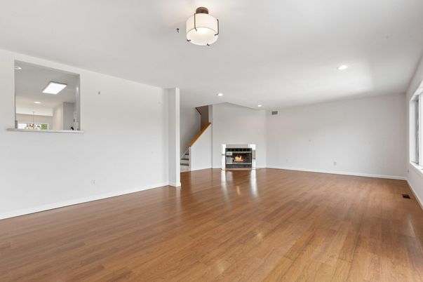 Empty room, Fireplace, Interior, Recessed Lighting, Wood Texture Flooring