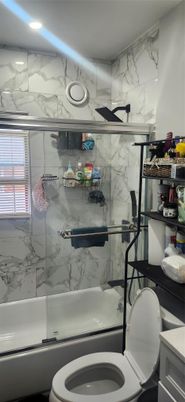 Bathroom, Glass Shower, Interior, Marble Walls, Recessed Lighting