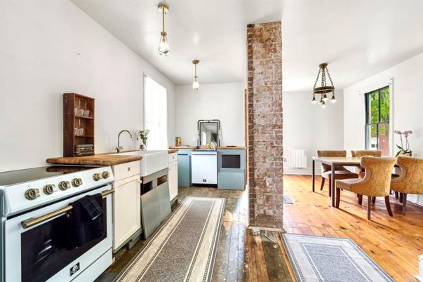 Dining room, Interior, Kitchen, Pendant Lights, Stainless Steel Appliances, Wood Texture Flooring