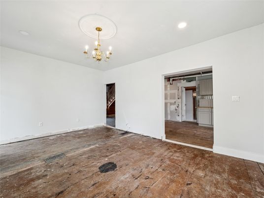 Chandelier, Empty room, Interior, Recessed Lighting, Wood Texture Flooring