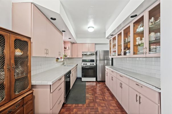 Interior, Kitchen, Stainless Steel Appliances, Tile Countertops, Wood Texture Flooring
