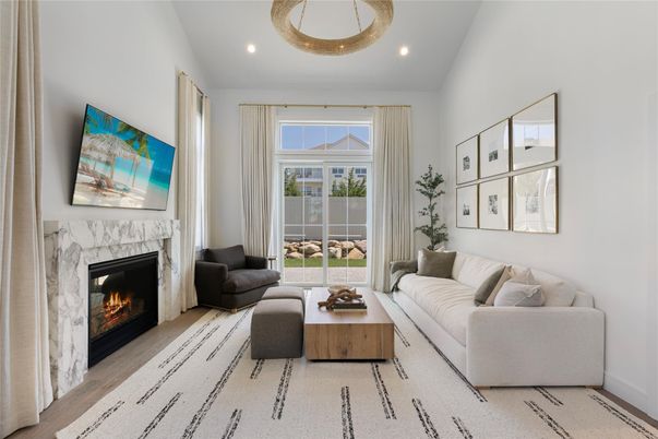 Fireplace, Interior, Living room, Recessed Lighting, Wood Texture Flooring