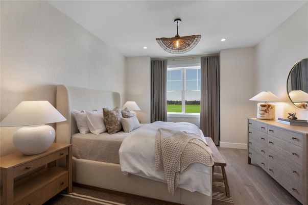 Bedroom, Chandelier, Interior, Recessed Lighting, Wood Texture Flooring