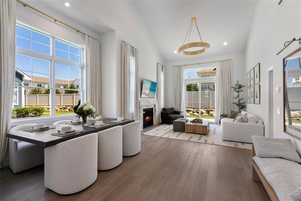 Dining room, Fireplace, Interior, Living room, Pendant Lights, Recessed Lighting, Wood Texture Flooring