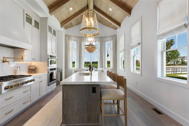Chandelier, Interior, Kitchen, Pendant Lights, Recessed Lighting, Stainless Steel Appliances, Wooden Beams, Wooden Ceilings, Wood Texture Flooring