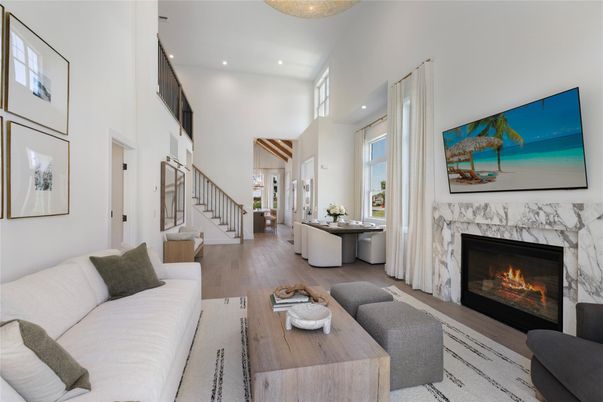 Fireplace, Interior, Living room, Recessed Lighting, Wood Texture Flooring