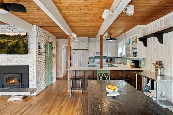 Fireplace, Interior, Kitchen, Stone Walls, Wooden Ceilings, Wood Texture Flooring