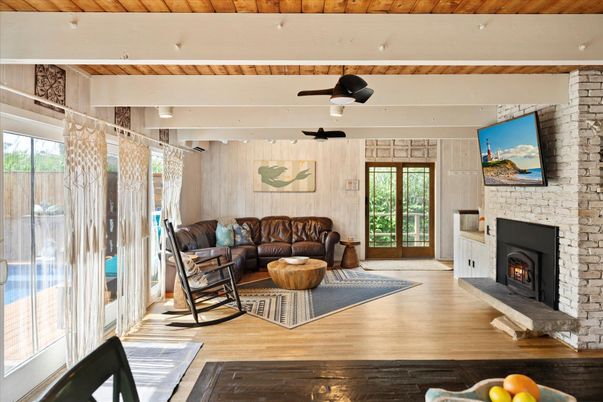 Fireplace, Interior, Living room, Stone Walls, Wooden Beams, Wooden Ceilings, Wood Texture Flooring