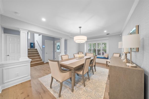 Dining room, Interior, Recessed Lighting, Wood Texture Flooring