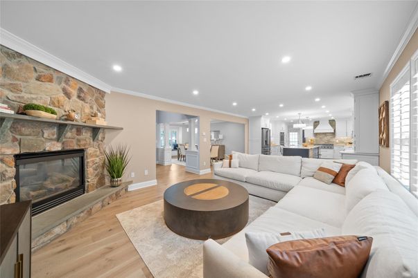 Fireplace, Interior, Kitchen, Living room, Pendant Lights, Recessed Lighting, Stone Walls, Wood Texture Flooring