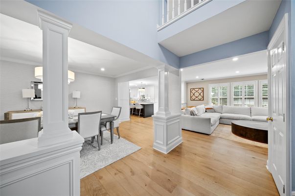 Dining room, Interior, Living room, Pendant Lights, Recessed Lighting, Wood Texture Flooring