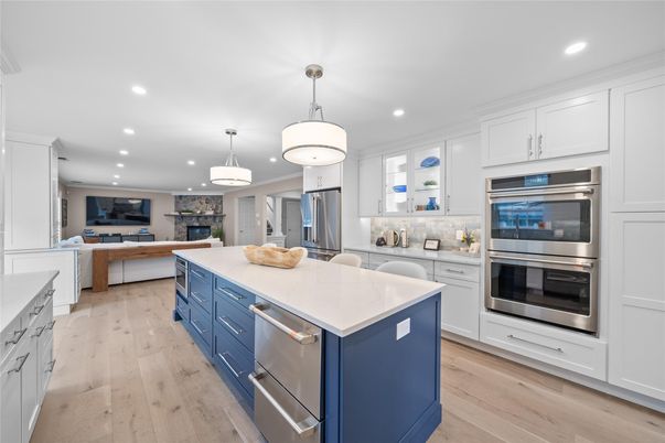 Fireplace, Interior, Kitchen, Pendant Lights, Recessed Lighting, Stainless Steel Appliances, Wood Texture Flooring
