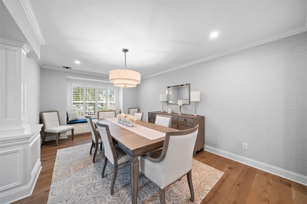 Chandelier, Dining room, Interior, Recessed Lighting, Wood Texture Flooring