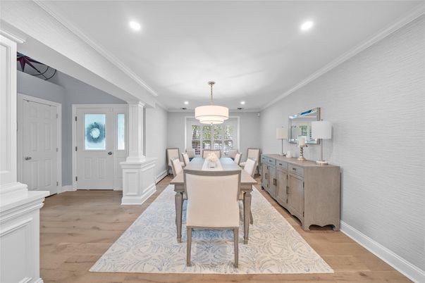 Dining room, Interior, Recessed Lighting, Wood Texture Flooring