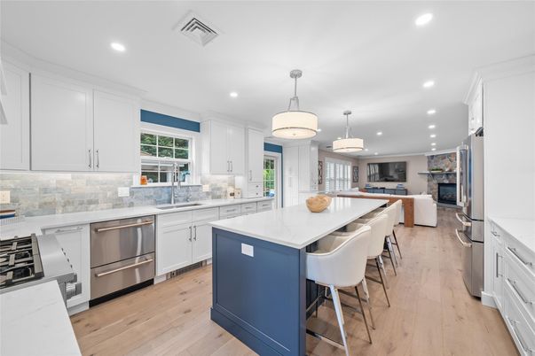 Fireplace, Interior, Kitchen, Pendant Lights, Recessed Lighting, Stainless Steel Appliances, Wood Texture Flooring