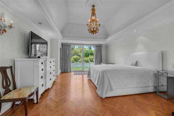 Bedroom, Chandelier, Interior, Recessed Lighting, Wood Texture Flooring