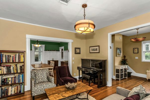 Dining room, Interior, Living room, Pendant Lights, Piano, Wood Texture Flooring