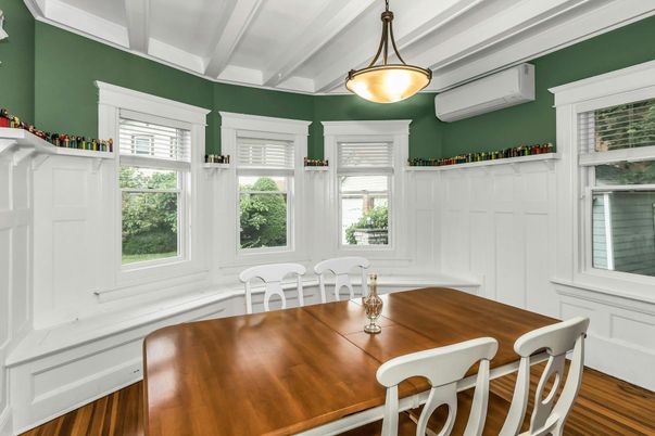 Dining room, Interior, Pendant Lights, Wood Texture Flooring