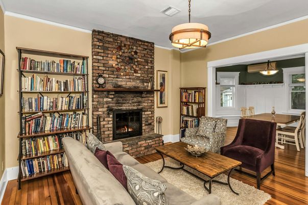 Dining room, Fireplace, Interior, Living room, Pendant Lights, Stone Walls, Wood Texture Flooring