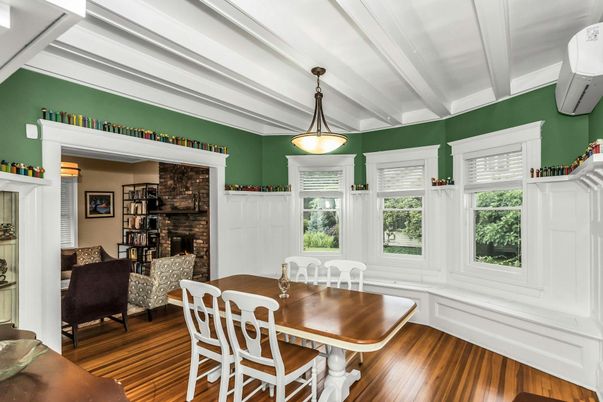 Dining room, Fireplace, Interior, Pendant Lights, Wood Texture Flooring