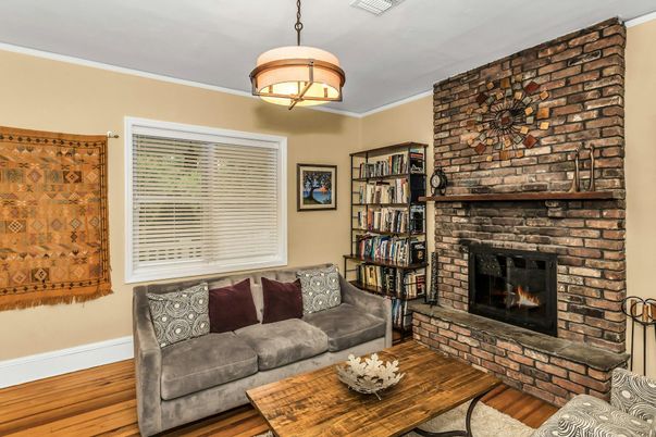 Fireplace, Interior, Living room, Pendant Lights, Stone Walls, Wood Texture Flooring