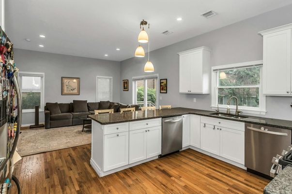 Interior, Kitchen, Living room, Pendant Lights, Recessed Lighting, Stainless Steel Appliances, Wood Texture Flooring