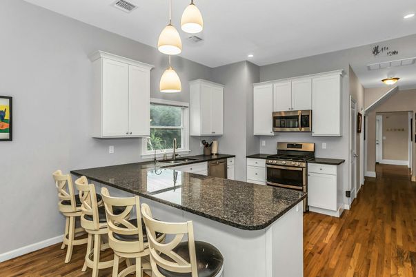 Interior, Kitchen, Pendant Lights, Recessed Lighting, Stainless Steel Appliances, Wood Texture Flooring