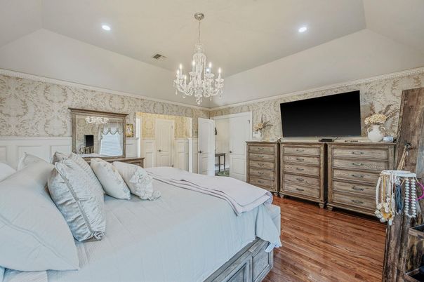 Bedroom, Chandelier, Interior, Recessed Lighting, Wood Texture Flooring