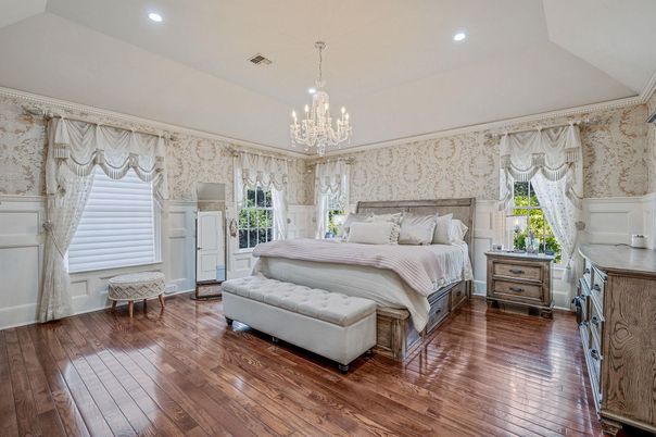 Bedroom, Chandelier, Interior, Recessed Lighting, Wood Texture Flooring