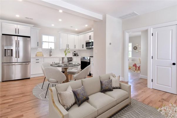 Dining room, Interior, Kitchen, Recessed Lighting, Stainless Steel Appliances, Wood Texture Flooring