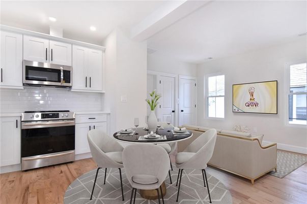 Dining room, Interior, Kitchen, Recessed Lighting, Stainless Steel Appliances, Wood Texture Flooring