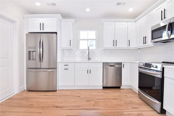 Interior, Kitchen, Recessed Lighting, Stainless Steel Appliances, Wood Texture Flooring