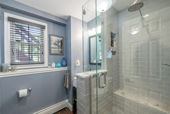 Bathroom, Glass Shower, Interior, Wood Texture Flooring