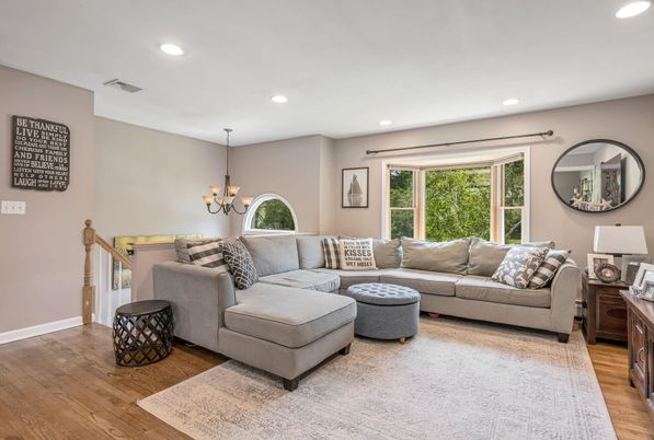 Chandelier, Interior, Living room, Recessed Lighting, Wood Texture Flooring
