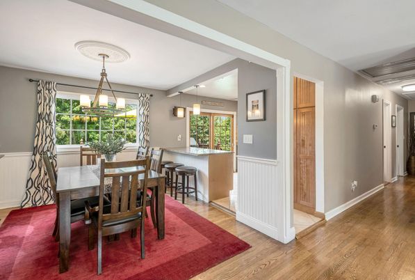 Dining room, Interior, Pendant Lights, Wood Texture Flooring