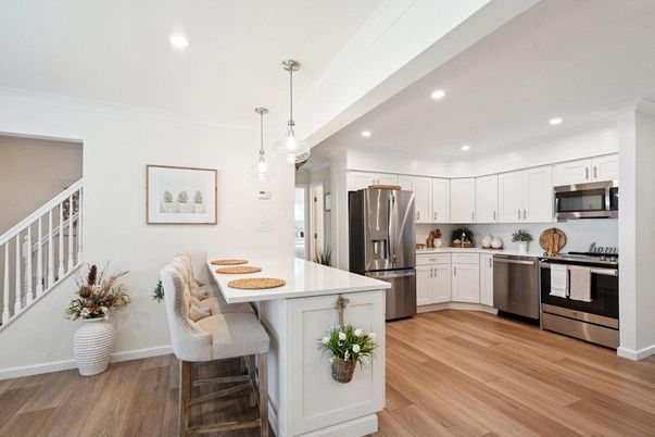 Interior, Kitchen, Pendant Lights, Recessed Lighting, Stainless Steel Appliances, Wood Texture Flooring