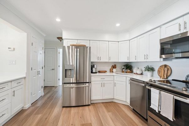 Interior, Kitchen, Recessed Lighting, Stainless Steel Appliances, Wood Texture Flooring