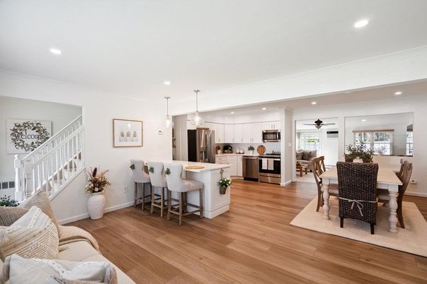 Dining room, Interior, Kitchen, Pendant Lights, Recessed Lighting, Stainless Steel Appliances, Wood Texture Flooring