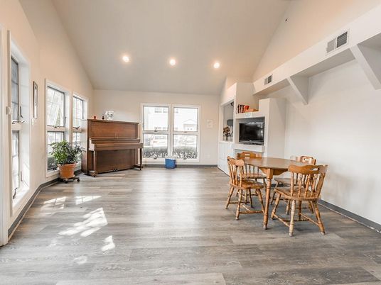 Dining room, Interior, Piano, Recessed Lighting, Wood Texture Flooring