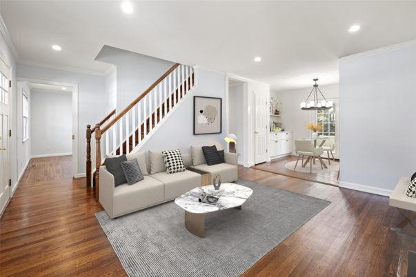 Dining room, Interior, Living room, Pendant Lights, Recessed Lighting, Wood Texture Flooring