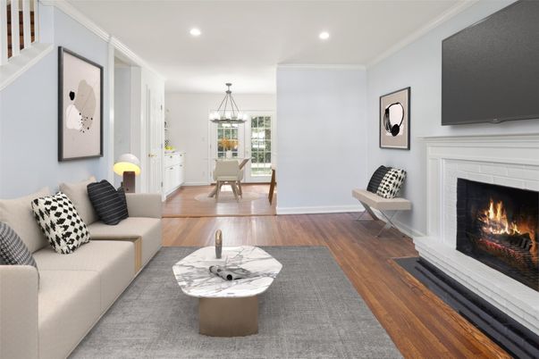 Dining room, Fireplace, Interior, Living room, Pendant Lights, Recessed Lighting, Wood Texture Flooring