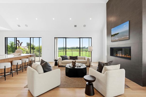 Fireplace, Interior, Living room, Recessed Lighting, Wood Texture Flooring