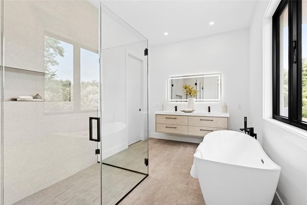 Bathroom, Dual Sink Vanities, Free Standing Baths, Glass Shower, Interior, Recessed Lighting