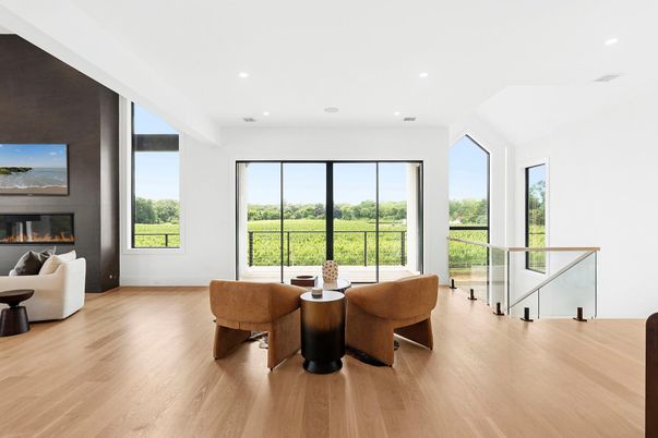 Dining room, Fireplace, Interior, Living room, Recessed Lighting, Wood Texture Flooring