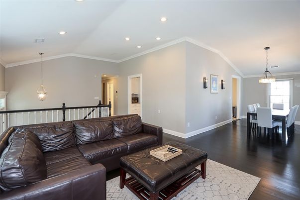 Dining room, Interior, Living room, Pendant Lights, Recessed Lighting, Wood Texture Flooring
