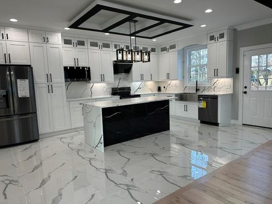 Interior, Kitchen, Marble, Marble Walls, Pendant Lights, Recessed Lighting, Stainless Steel Appliances