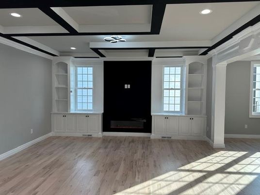 Empty room, Fireplace, Interior, Recessed Lighting, Wood Texture Flooring