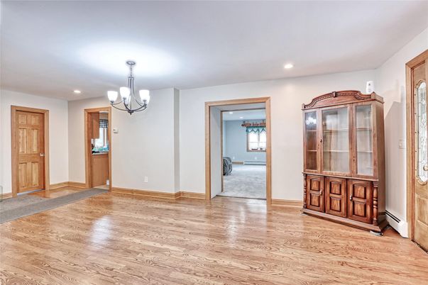 Chandelier, Empty room, Interior, Recessed Lighting, Wood Texture Flooring
